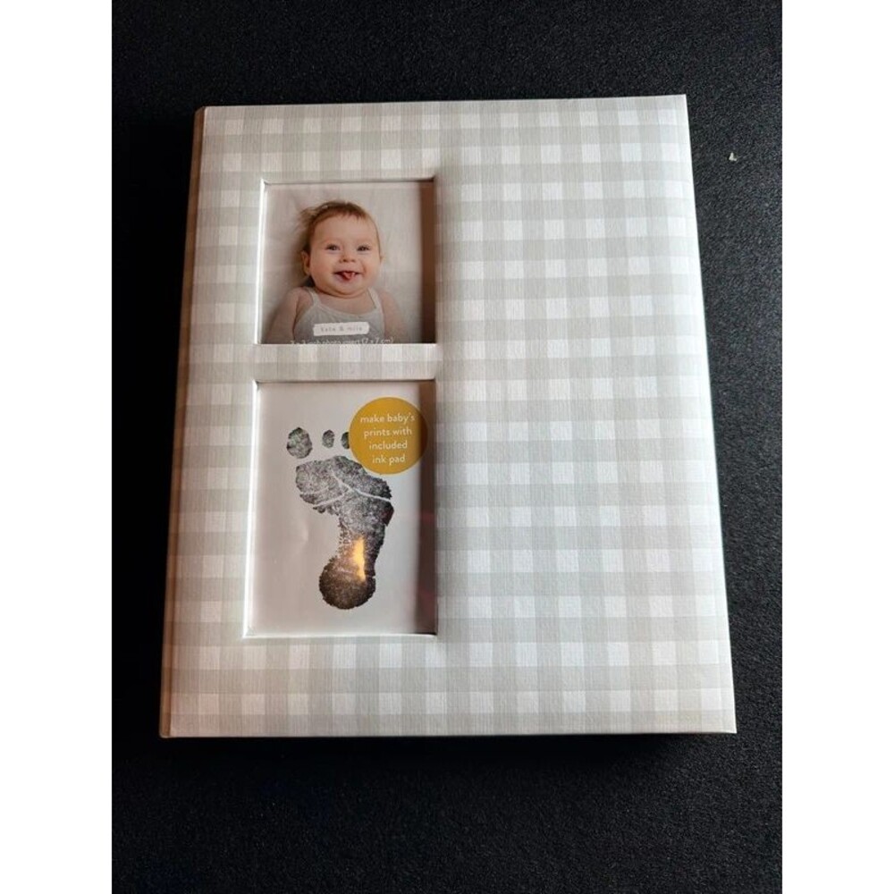Pearhead Little Pear Gray Gingham Baby Memory Book Milestone Album w/ Ink Pad-J